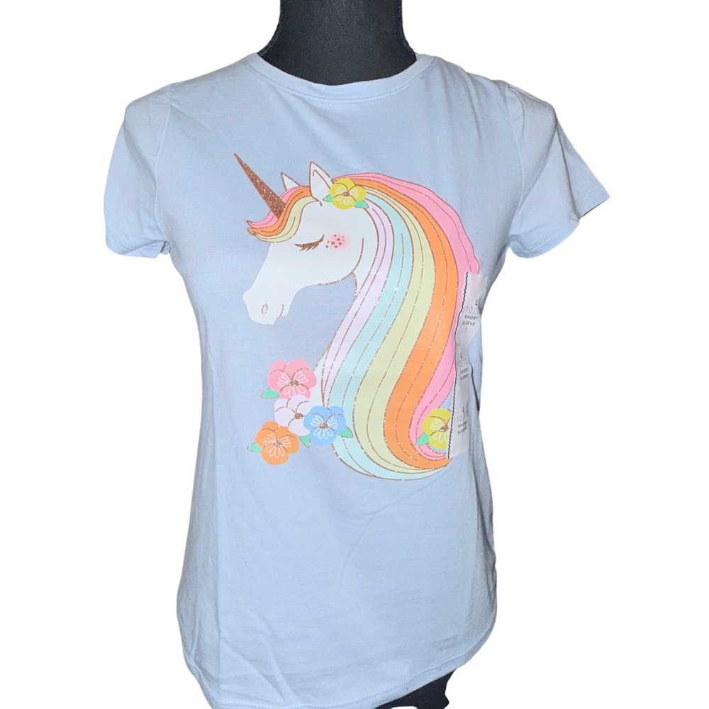 Cat & Jack Unicorn Graphic Tee Kids Size L 10/12 Light Blue New Glitter Rainbow